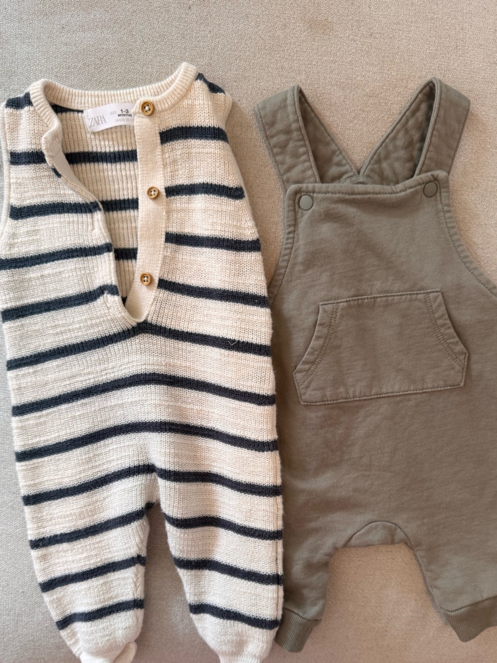 Zara Cream & Navy Striped Knit Romper with Olive Green Overalls Set